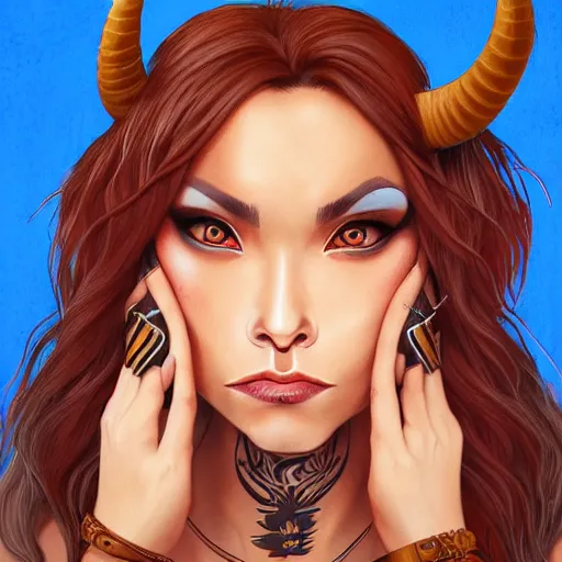 Image similar to illustrated realistic portrait of ram-horned devil woman with blue bob hairstyle and her tan colored skin and with solid black eyes wearing leather by rossdraws