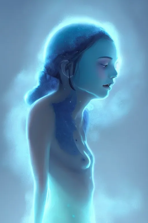 Image similar to Bioluminescent jellyfish, Her breath shot a haze of steam out into the frosty morning air concept, soft light, soft mood, realistic body features and face, illustration, painting oil on canvas by Elena Zhurikhina and Goro Fujita and Charlie Bowater, octane render trending on artstation, 4k, 8k, HD