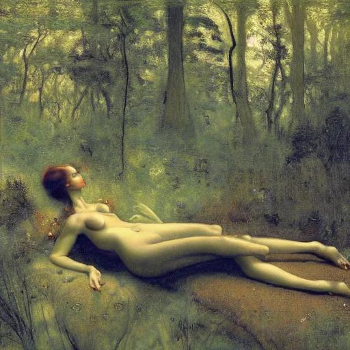 Image similar to beautiful female ant/woman hybrid with a perfect body, lounging in the Marian forest at dusk, by Edgar Maxence and Ross Tran and Michael Whelan and Gustav Klimpt