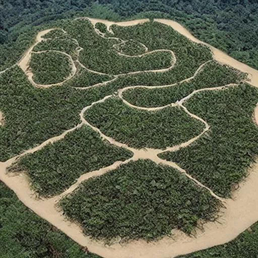 Prompt: an architectural plan of a labyrinth of the deforestation in amazona crisis