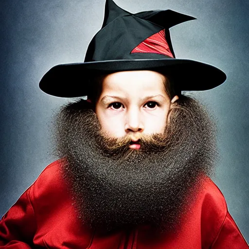 Image similar to photograph of a five year old boy wizard, beard, wizard hat by annie leibovitz, dark hair, deep eyes