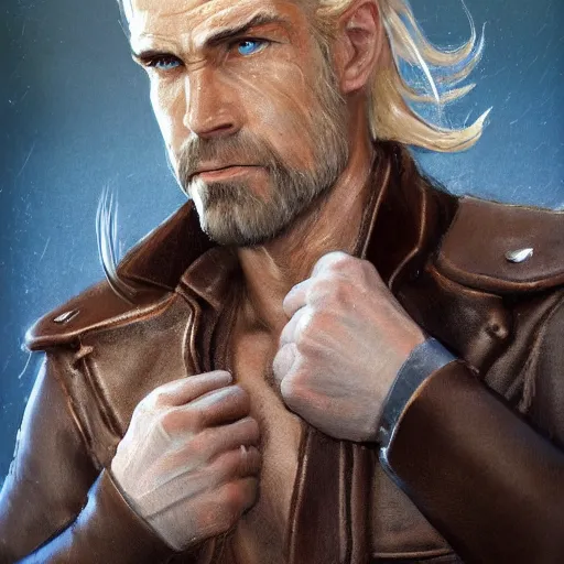 Image similar to portrait of a muscular, grim, ponytail haired blonde man in his late 30's, wearing a thick brown leather coat, looking to his side, scarred face, some beard, blue eyes, hunter, DnD character, fantasy character, digital art by Ruan Jia, Krenz Cushart, Rossdraws and Boris Vallejo