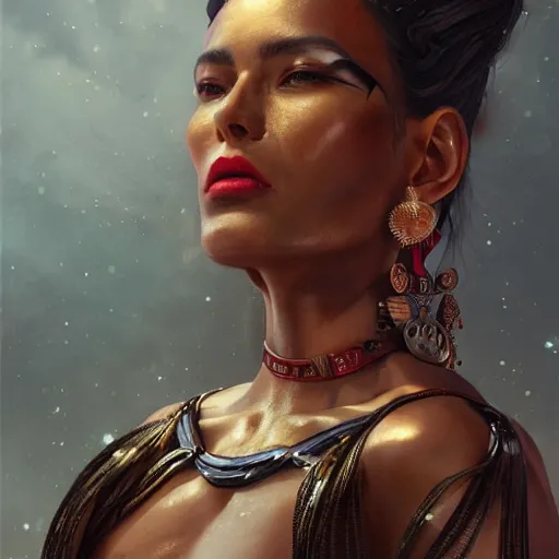 Prompt: detailed oil portrait of tall muscular shining bronze - skinned warrior woman with silver eyes, with long wavy flowing black hair and big gold earrings, jewelry, red lipstick, makeup, feminine, volumetric lighting, dynamic composition, art by sachin teng and sergey kolesov and ruan jia and heng z, scifi, concept art