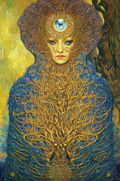 Image similar to Tree of Life by Karol Bak, Jean Deville, Gustav Klimt, and Vincent Van Gogh, mysterious portrait of sacred geometry, Surreality, radiant halo, otherworldly, enigma, fractal structures, celestial, arcane, ornate gilded medieval icon, third eye, spirals