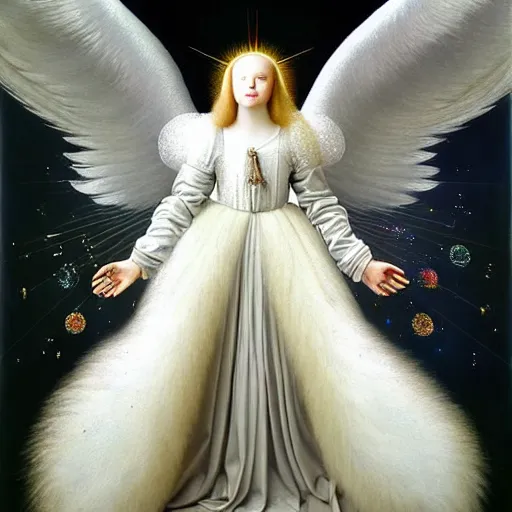 Image similar to highdetailed hyperrealistic painting of white angel!!! no gender!!!, giant ball of miracle light from the chest!!!!!, 4 k hd fur face!!!, big wings, by jan van eyck, holography space, white sparkles everywhere, thin strokes, white monochrome color!!!!!