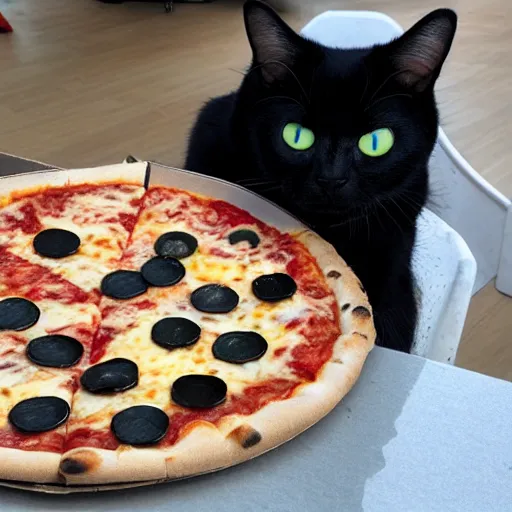 Image similar to a cat named shadow eating pizza