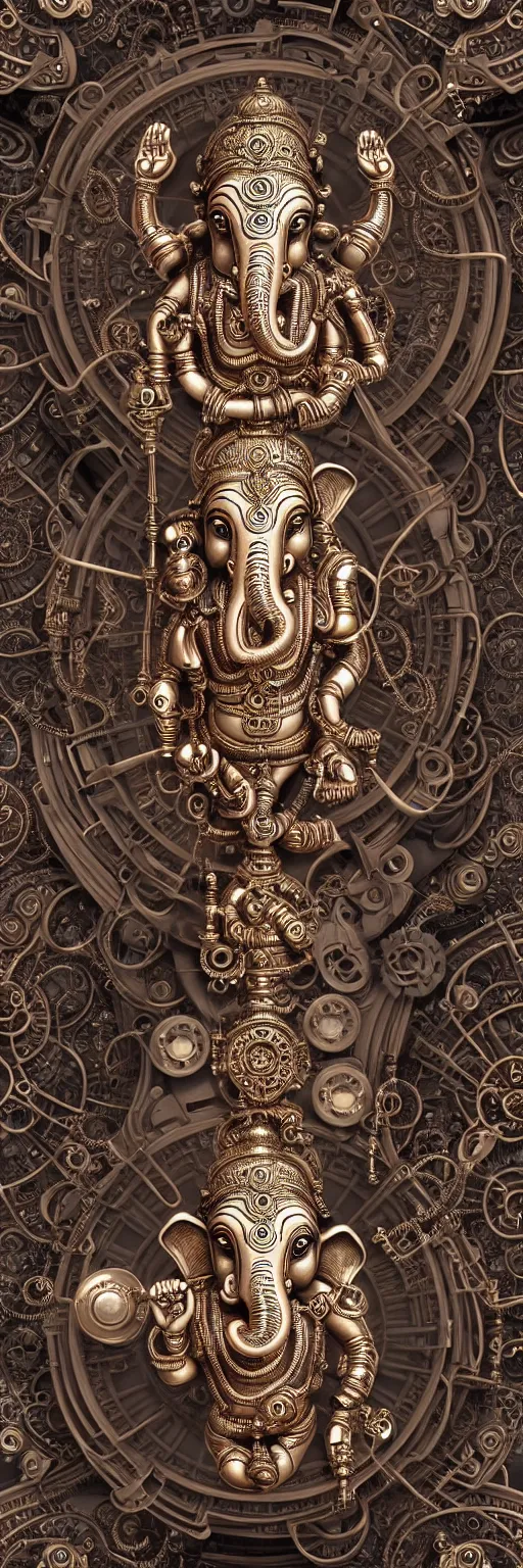 Image similar to seamless pattern of steampunk cybernetic biomechanical hindu god ganesha, symmetric, 3 d model, very coherent symmetrical artwork, unreal engine realistic render, 8 k, micro detail, intricate, elegant, highly detailed, centered, digital painting, artstation, smooth, sharp focus, illustration, artgerm, tomasz alen kopera, wlop