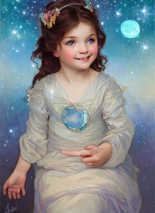 Image similar to a cute little girl with a round cherubic face, blue eyes, and short wavy light brown hair smiles as she floats in space with stars all around her. She is wearing a turquoise dress. Beautiful painting by Artgerm and Greg Rutkowski and Alphonse Mucha