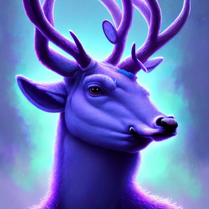 Image similar to an anthropomorphic male blue deer wearing a violet tracksuit blowing a bubble, by alex grey and greg rutkowski, intricate details, artstation, psychedelic, hd, beautiful