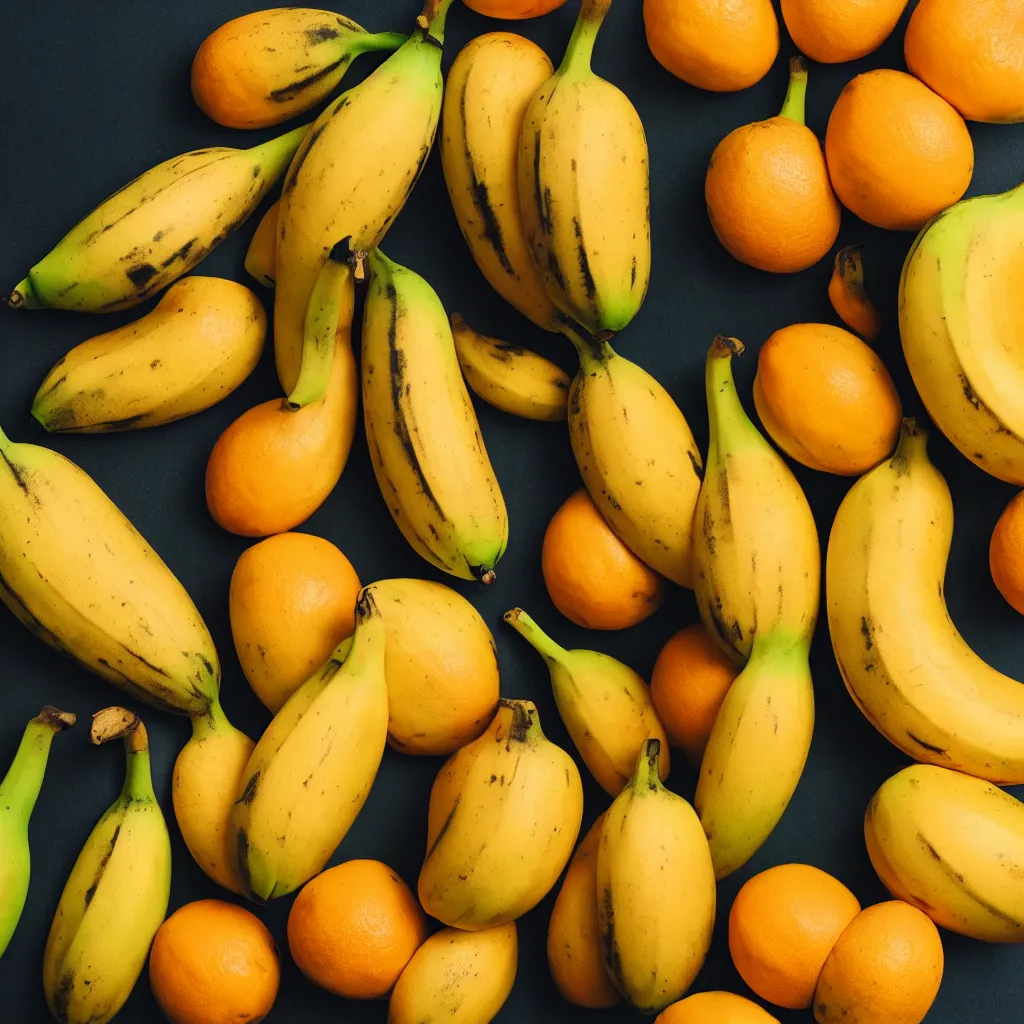 Prompt: fat spotted bananas in the shape of juicy open oranges, closeup, hyper real, food photography, high quality