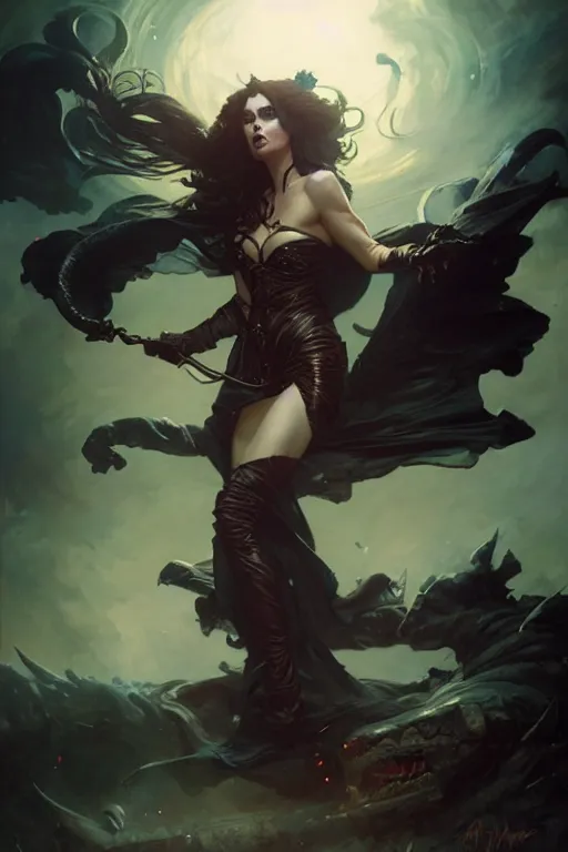 Image similar to powerful attractive female witch by raymond swanland, gaston bussiere, simon bisley, anna podedworna, ayami kojima, greg rutkowski, maxim verehin