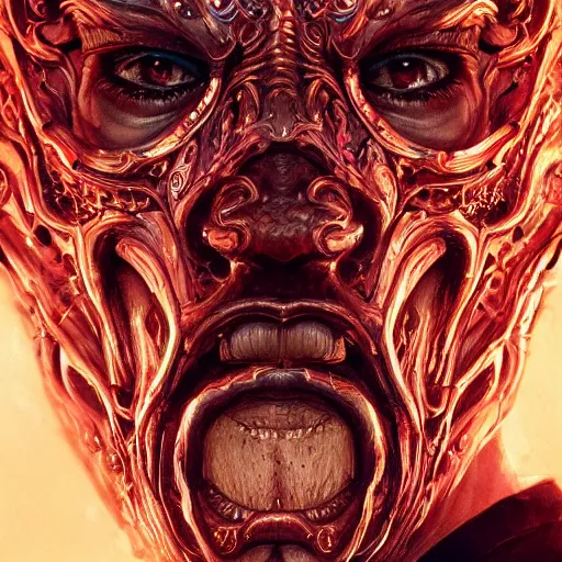 Prompt: Very very very very highly detailed epic photo of face with fiery demonic venetian mask, intricate, dystopian, sci-fi, extremely detailed, digital painting, artstation, concept art, smooth, sharp focus, illustration, intimidating lighting, realistic, incredible art by Artgerm and Vincent di Fate and Anton Pieck