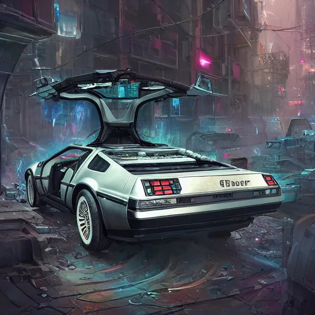 Prompt: an abandoned futuristic delorean in a cyberpunk - city, industrial sci - fi, by mandy jurgens, ernst haeckel, james jean