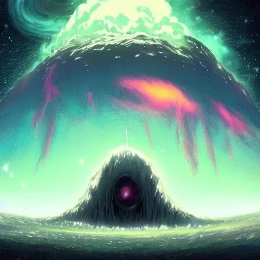 Prompt: an incomprehensibly large monster looming over a galaxy, studio ghibli, digital art, detailed, intricate, ominous, dark, abyss, hellish, nebula, astral