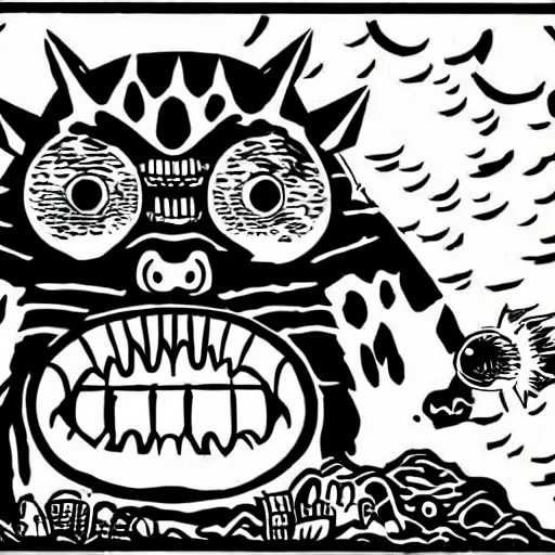 Image similar to mcbess illustration of a gigantic terrifying totoro monster with fangs and glowing eyes attacking a town, gothic, horror film, claws, sharp teeth, aggressive, violent, realistic