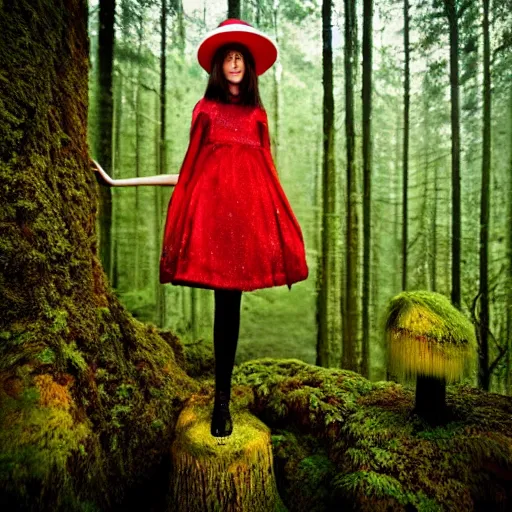 Image similar to portrait of a thin girl twiggy face in full height, elegant pose, a huge toadstool hat on her head, large eyes , the girl is standing on the edge of the forest, surrounded by colorful sparkling moss ,intense, dramatic lighting, intricate details, cinematic, high definition