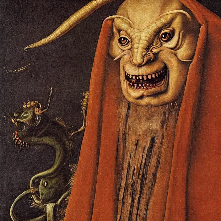 Prompt: close up portrait of an overdressed mutant monster creature with snout, horns, insect wings, unibrow, piercing eyes, toxic smile. jan van eyck, bosch