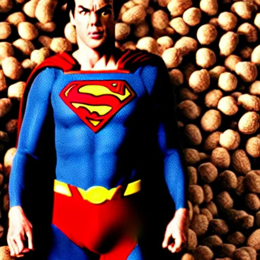 Image similar to uhd candid photo of michael keaton as superman, surrounded by nuts. correct face. photo by annie leibowitz.
