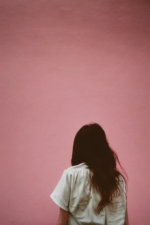 Prompt: photography, close-up of woman from behind looking at weird pink house, daylight, 35mm