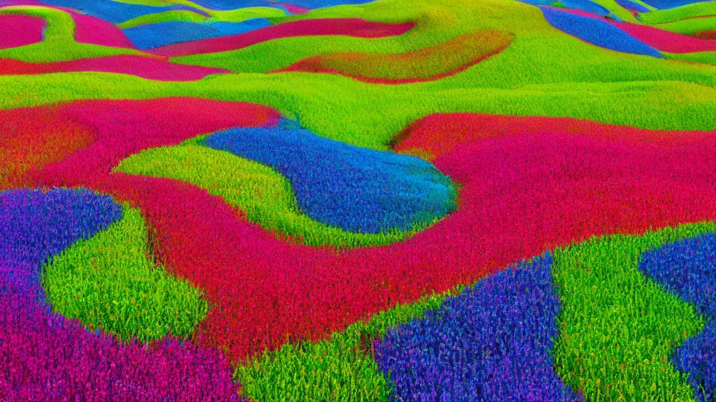 Prompt: digital illustration of a field of giant vibrant multi - colored chinese bellflowers by dr. seuss, reimagined by ilm and beeple : 1 | megaflora by dr. seuss, spectral color, rolling hills : 0. 9 | fantasy : 0. 9 | unreal engine, deviantart, artstation, hd, 8 k resolution : 0. 8