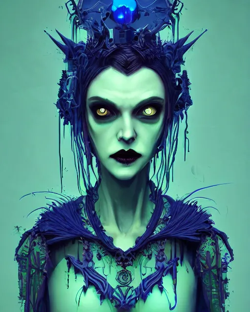 Image similar to portrait of funny blue and green eyes goth dark queen of the vampire council, intricate abstract. intricate artwork, by tooth wu, wlop, beeple, dan mumford. concept art, octane render, trending on artstation, greg rutkowski very coherent symmetrical artwork. cinematic, key art, hyper realism, high detail, octane render, 8 k, iridescent accents