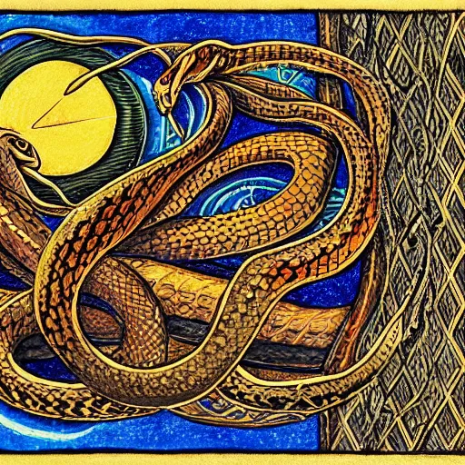 Image similar to a snake biting itself in the center of a tarot card, drawing style, intricate details in the frames, 4k, high quality render.