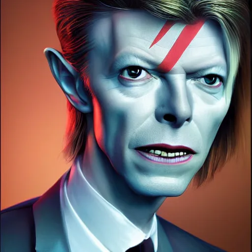 Image similar to a portrait of david bowie as a pixar character, beautiful, elegant, extremely detailed digital art, trending on artstation hyper realistic matte painting, by wlop, artgerm