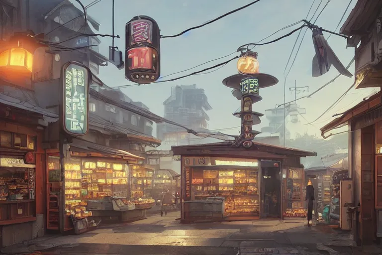 Image similar to A highly detailed matte painting of a detached small shop with sign by Studio Ghibli, Makoto Shinkai, by Artgerm, by WLOP, by Greg Rutkowski, volumetric lighting, cyberpunk, octane render, 4K resolution, trending on artstation, masterpiece