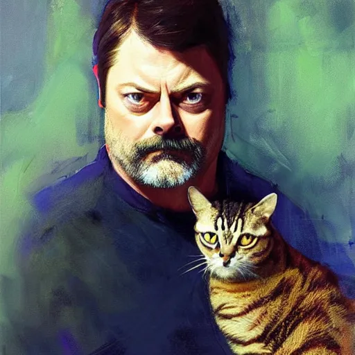 Image similar to nick offerman with body of a cat morphed together, hybrid, jeremy mann painting