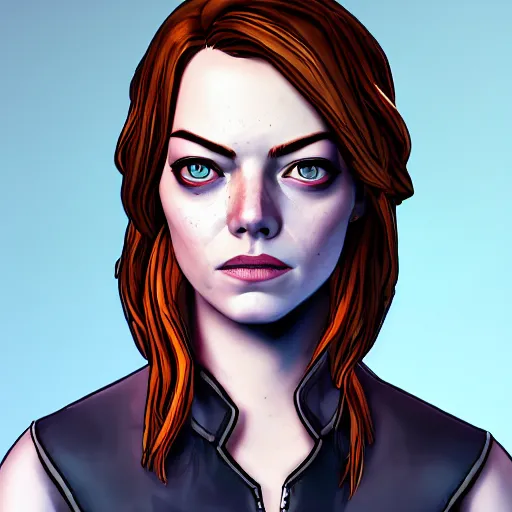 Image similar to emma stone portrait, borderlands, tales from the borderlands, the wolf among us, comic, cinematic lighting, studio quality, 8 k