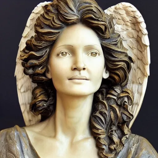 Image similar to A beautiful sculpture. beautiful angel woman, brunette smiling , curly hairstyle, looks like Ebru Şahin, Reyyan, looks like Fabiula Nascimento, looks like Laura Barriales, looks like Julia Roberts by Sandra Chevrier intuitive