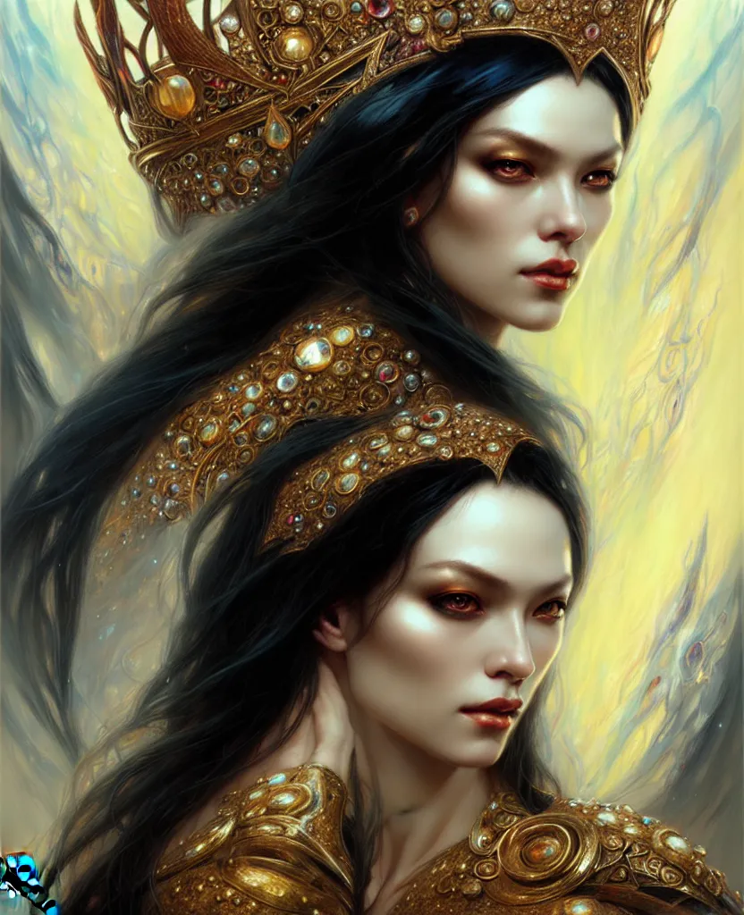 Image similar to A portrait of a female jewels-crowned sorceress; by Karol Bak and Jia Ruan, artstation, deviantart, fantasy art, rpg portrait