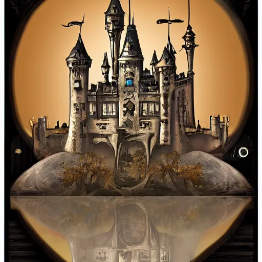 Image similar to steam punk castle in the style of martin bailly