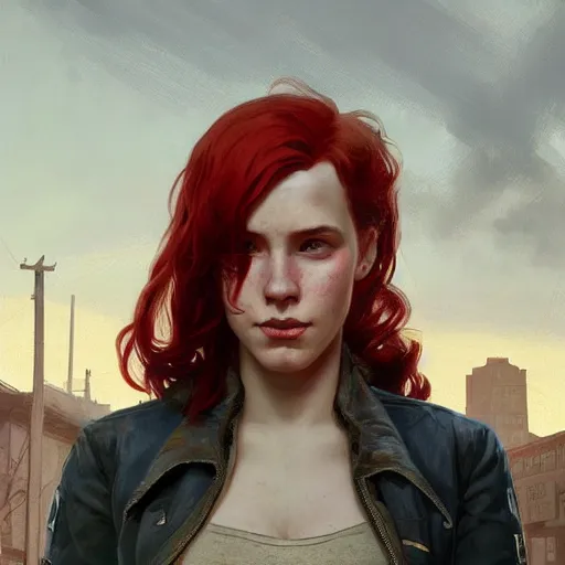 Prompt: Half portrait of a young woman with red hair as a character in Fallout 4 walking in Boston City, gorgeous, beautiful, intricate, highly detailed, digital painting, artstation, oppressive lighting, concept art, sharp focus, illustration, art by greg rutkowski and alphonse mucha