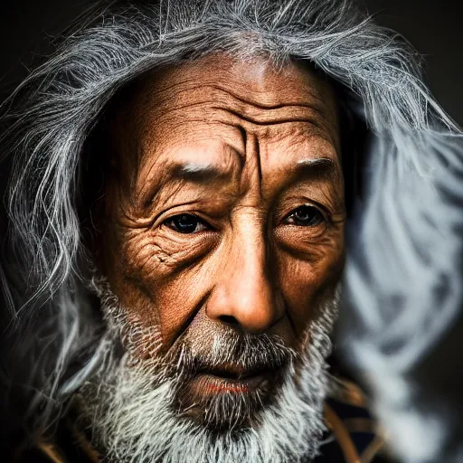 Image similar to stunning beautiful portrait photography of noble wise wizard from national geographic award winning, dramatic lighting, taken with canon 5d mk4, sigma art lens,