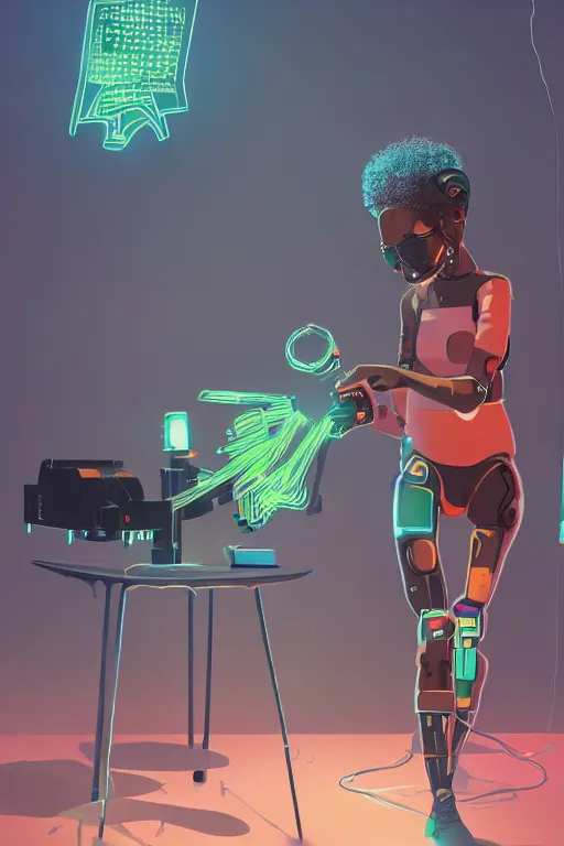 Image similar to a black girl fixing a robot, in the nature, mixing solarpunk, afropunk and cyberpunk technology and aesthetic ( ( ( ( volumetric light ) ) ) ), high angle, part by pearl fryar, part by prince damah, sunny day, trending on artstation, cinematic view, illustration, painting.