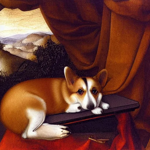 Prompt: very sad crying corgi sitting behind laptop on bed among the greenery, oil painting by Leonardo Da Vinci