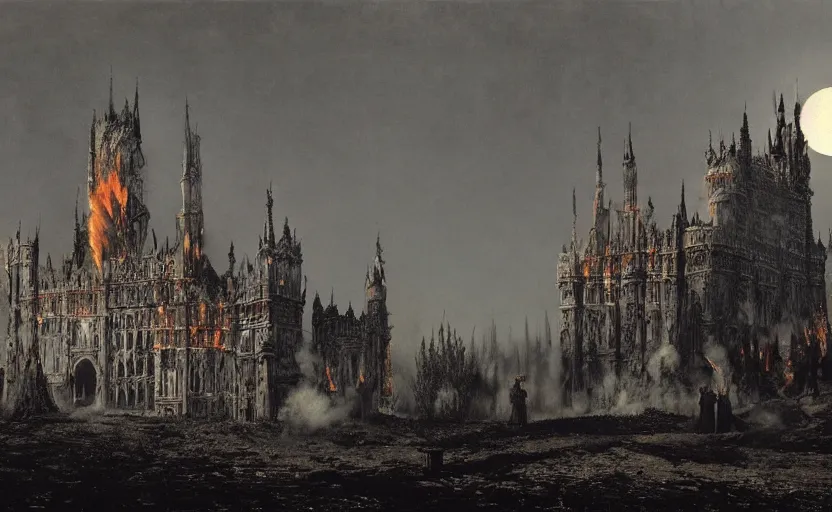 Image similar to a picture in high contrast by vasily vereshchagin of burning!!! gothic! castle in smoke and ashes by the village, full moon in clouds!, visual art, 8 k resolution, 3 d modelling, hard lighting, masterpiece, vray