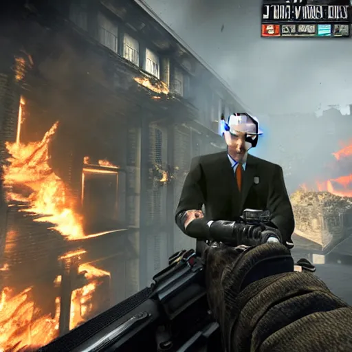 Image similar to second story building shot of John f Kennedy and Vladimir Putin standing back to back shooting hordes of black ops 2 zombies, epic, lots of lava and fire, very detailed faces