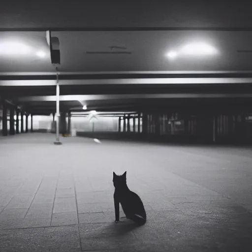 Prompt: a cat waiting at an overhead carpark at night, cinematic lighting