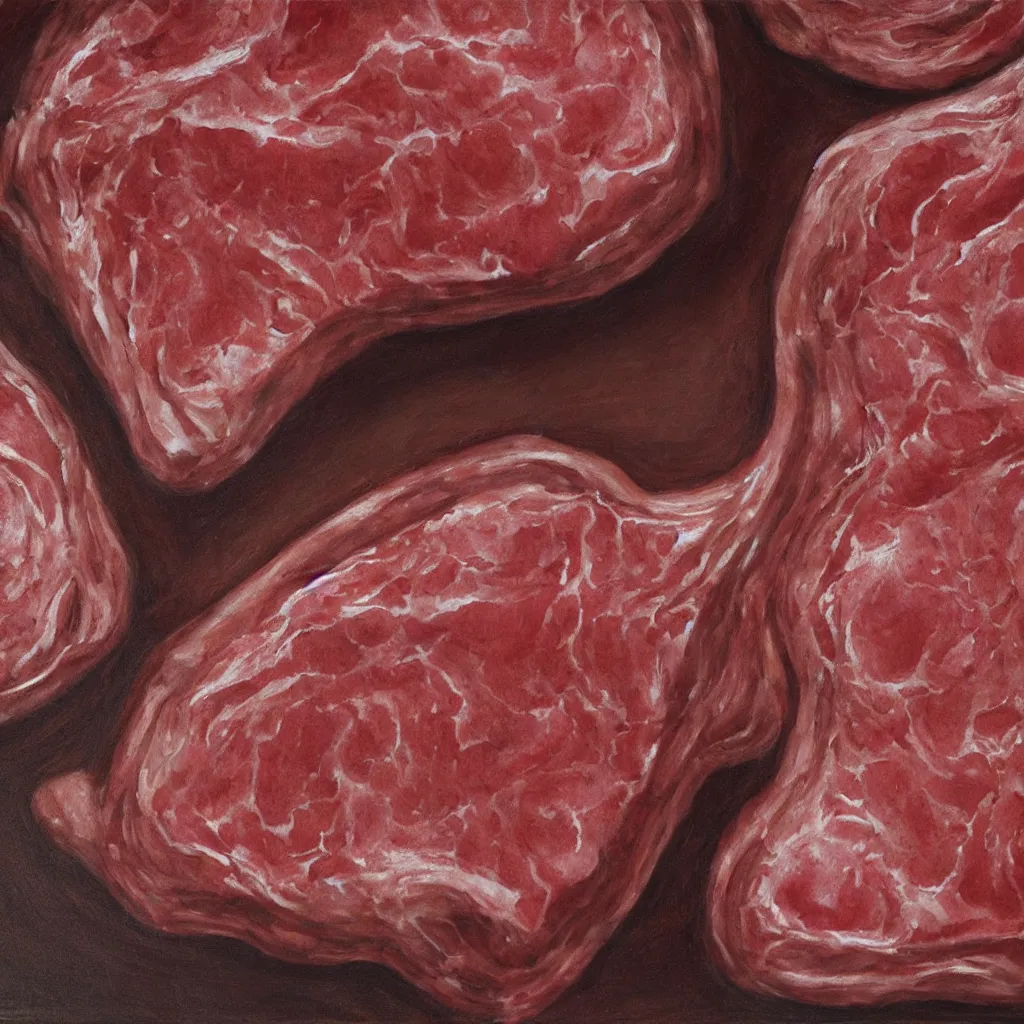 Prompt: a painting made of beef flesh , 4K, photorealistic