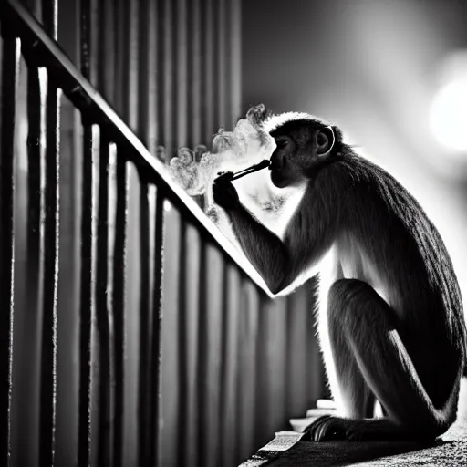 Image similar to contre - jour photo of a monkey smoking a cigarette on a bridge at night under rain, lightened by street lamps, award winning photography