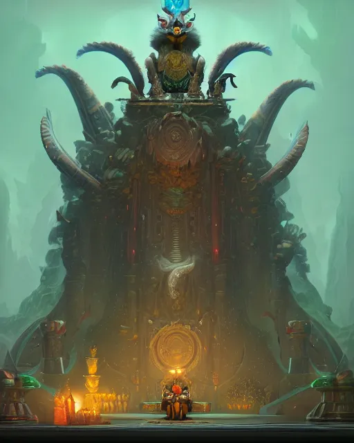 Prompt: Throne Room of the Shaman Raccoon King, cinematic concept art, matte painting, trending on Artstation, wide angle shot, by Peter Mohrbacher