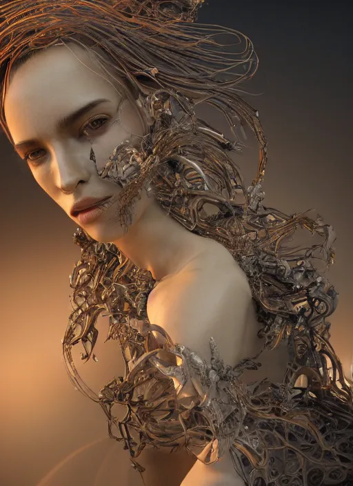 Image similar to beauteous sumptuous biomechanical incredible hair, crystalline masterpiece incrustations, hyperdetailed face, elegant pose, movie still, intricate, octane render, cinematic forest lighting, cgsociety, unreal engine, crepuscular rays, god rays