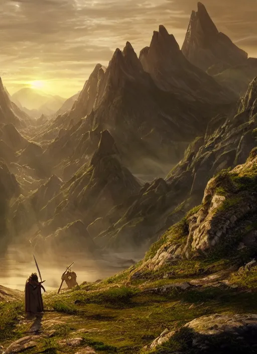 Image similar to medieval adventurer in lord of the rings scenery landscape, looking out at a vast valley at sunrise with mountains in the distance, god's rays, highly detailed, cinematic lighting, perfect composition, 4 k, gustave dore, derek zabrocki, greg rutkowski, belsinski, octane render