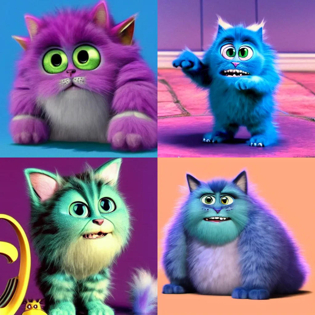 Prompt: a very cute fluffy cat monster from the movie monsters inc