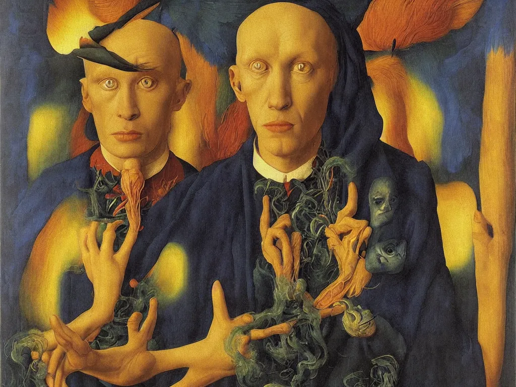 Prompt: Portrait of albino mystic with blue eyes, with flames. Painting by Jan van Eyck, Audubon, Rene Magritte, Agnes Pelton, Max Ernst, Walton Ford