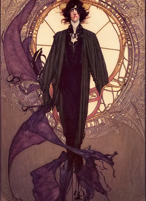 Image similar to edmund dulac, leyendecker, highly detailed portrait, a beautiful androgynous sebastian michaelis, long hair, tall and thin, wearing several pendants, art nouveau, stephen bliss, unreal engine, by greg rutkowski, loish, ferdinand knab, ilya kuvshinov, rossdraws, tom bagshaw, alphonse mucha, global illumination, radiant light