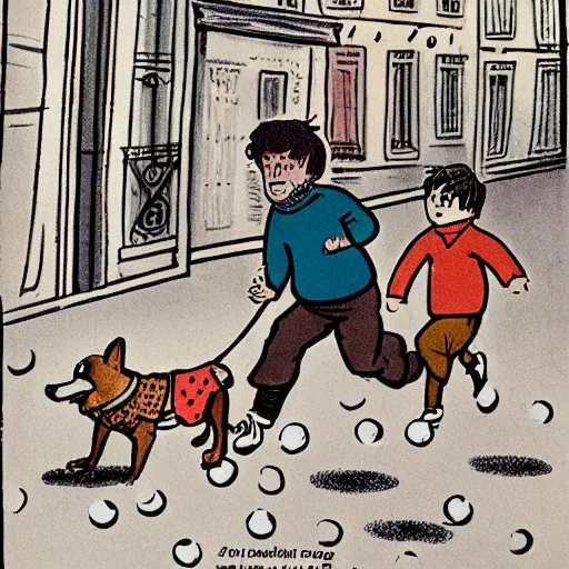 Image similar to illustration of french boy on the streets of paris playing football against a corgi, the dog is wearing a polka dot scarf, comic, 1 9 7 2