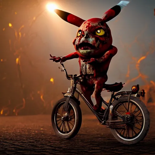 Prompt: zombie pikachu riding a bicycle, cinematic, cinematic lighting, trending on Artstation, Cgsociety, detailed, 4k, very realistic